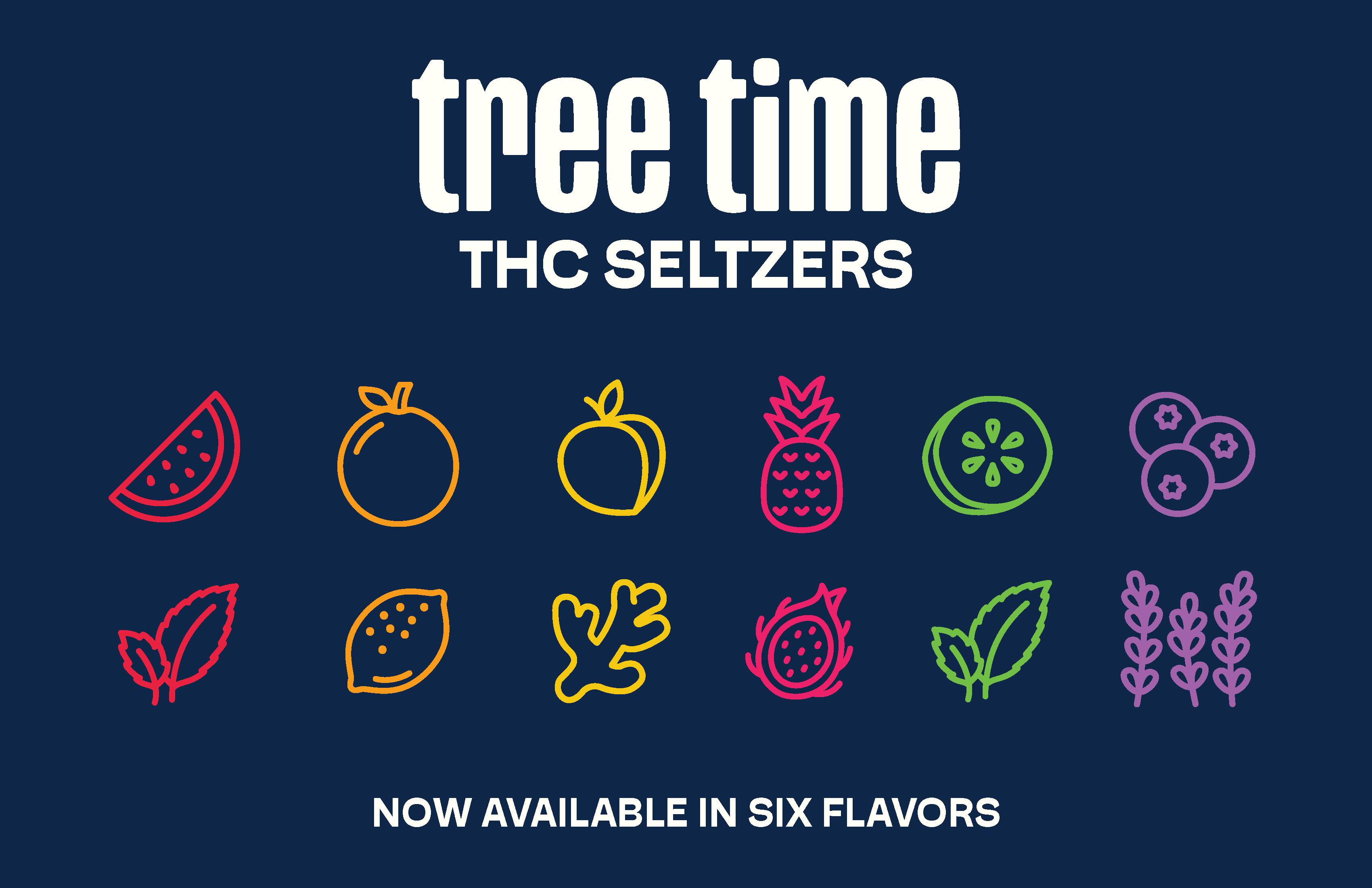Promotional graphic for 'tree time THC Seltzers' with colorful icons of fruits and plants on a dark blue background.