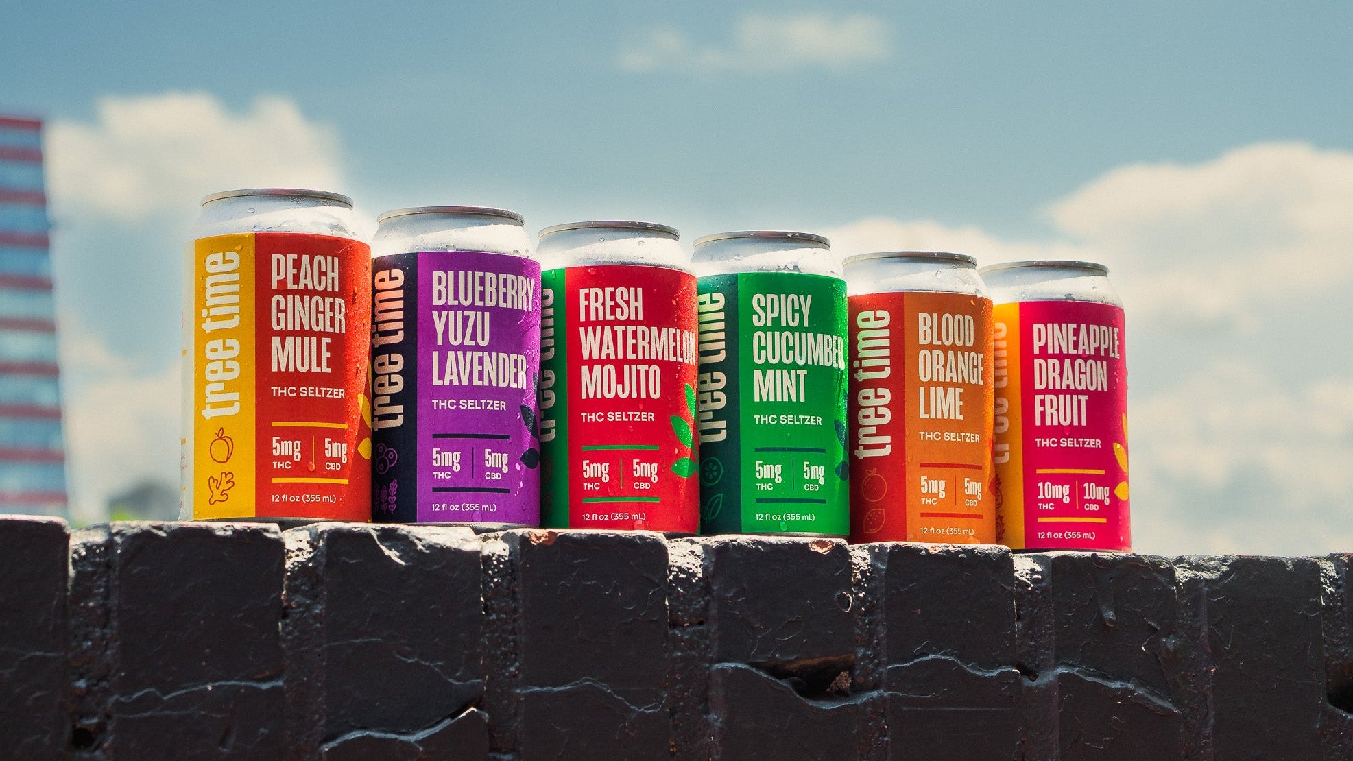 Tree Time THC seltzer full flavor lineup – Peach Ginger Mule, Blueberry Yuzu Lavender, Fresh Watermelon Mojito, Spicy Cucumber Mint, Blood Orange Lime, and Pineapple Dragon Fruit.