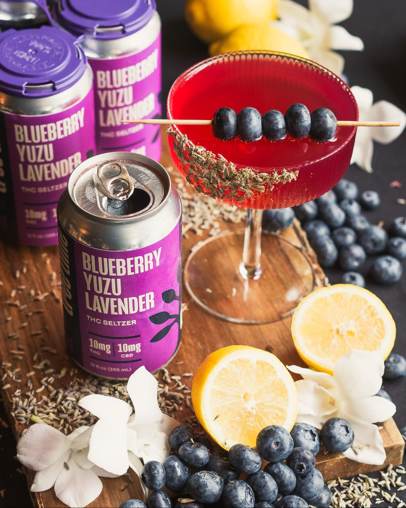 Flavor-focused photo of Tree Time Blueberry Yuzu Lavender THC seltzer – refreshing sparkling cannabis drink with floral and citrus notes.