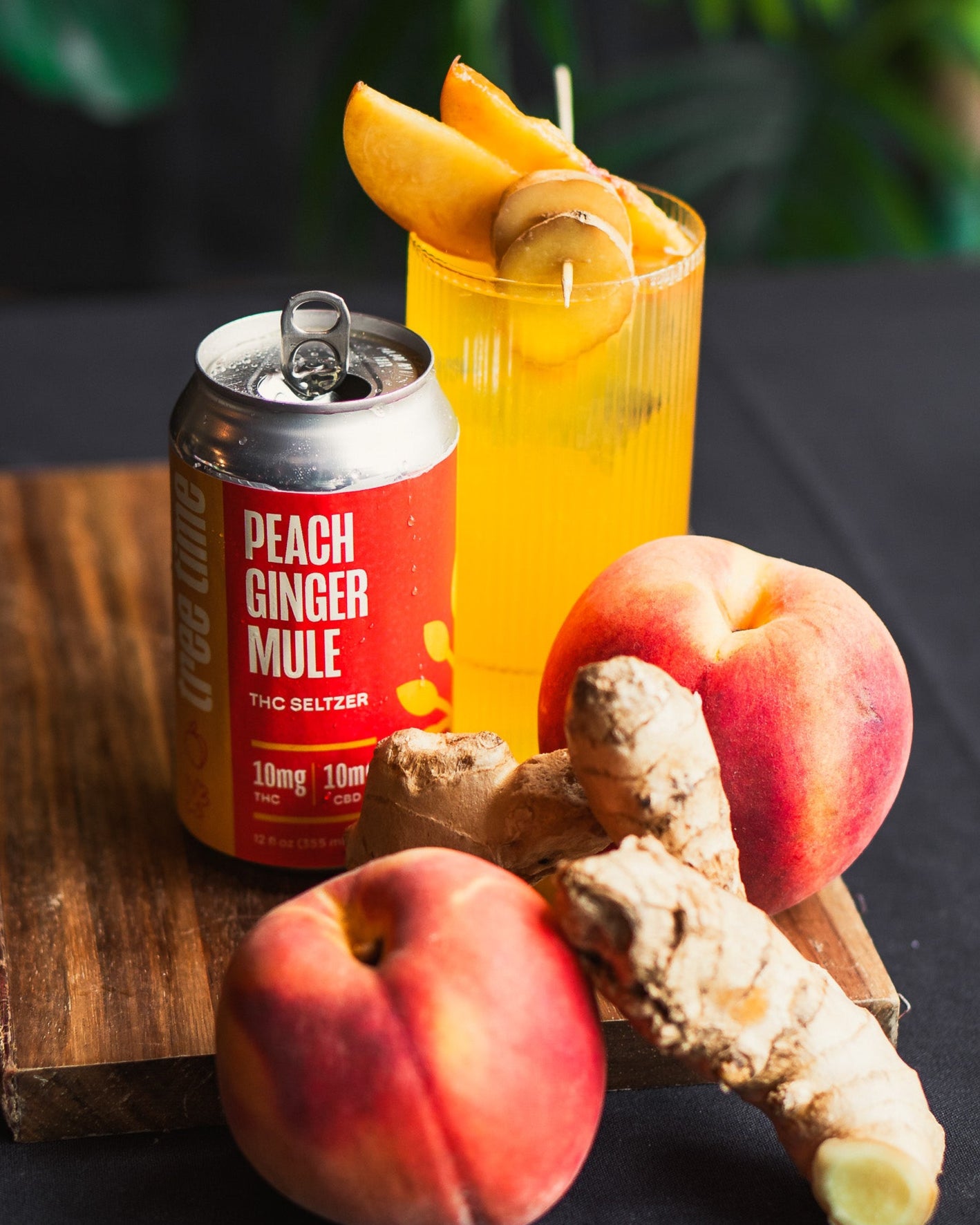 Tree Time Peach Ginger Mule hemp seltzer can with peaches, ginger, and cocktail – refreshing cannabis drink with balanced 10mg THC + CBD