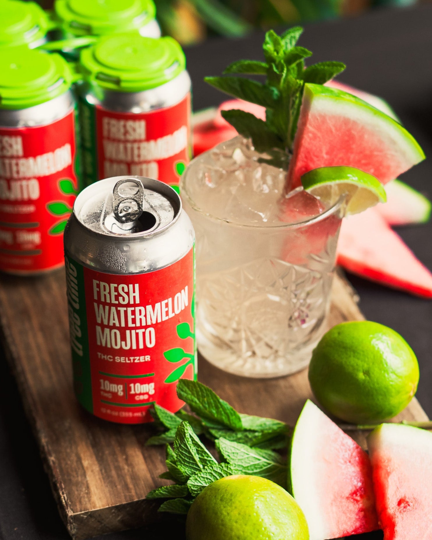Tree Time Fresh Watermelon Mojito THC seltzer with cocktail, fresh watermelon slices, lime, and mint – sparkling hemp drink with 10mg THC and CBD.